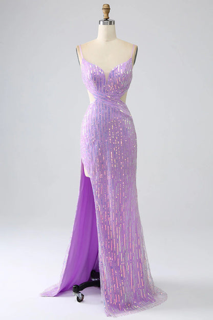 Amzcw Sparkly Purple Mermaid Spaghetti Straps Sequins Prom Dress with Slit