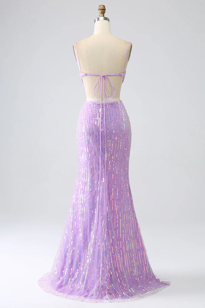 Amzcw Sparkly Purple Mermaid Spaghetti Straps Sequins Prom Dress with Slit