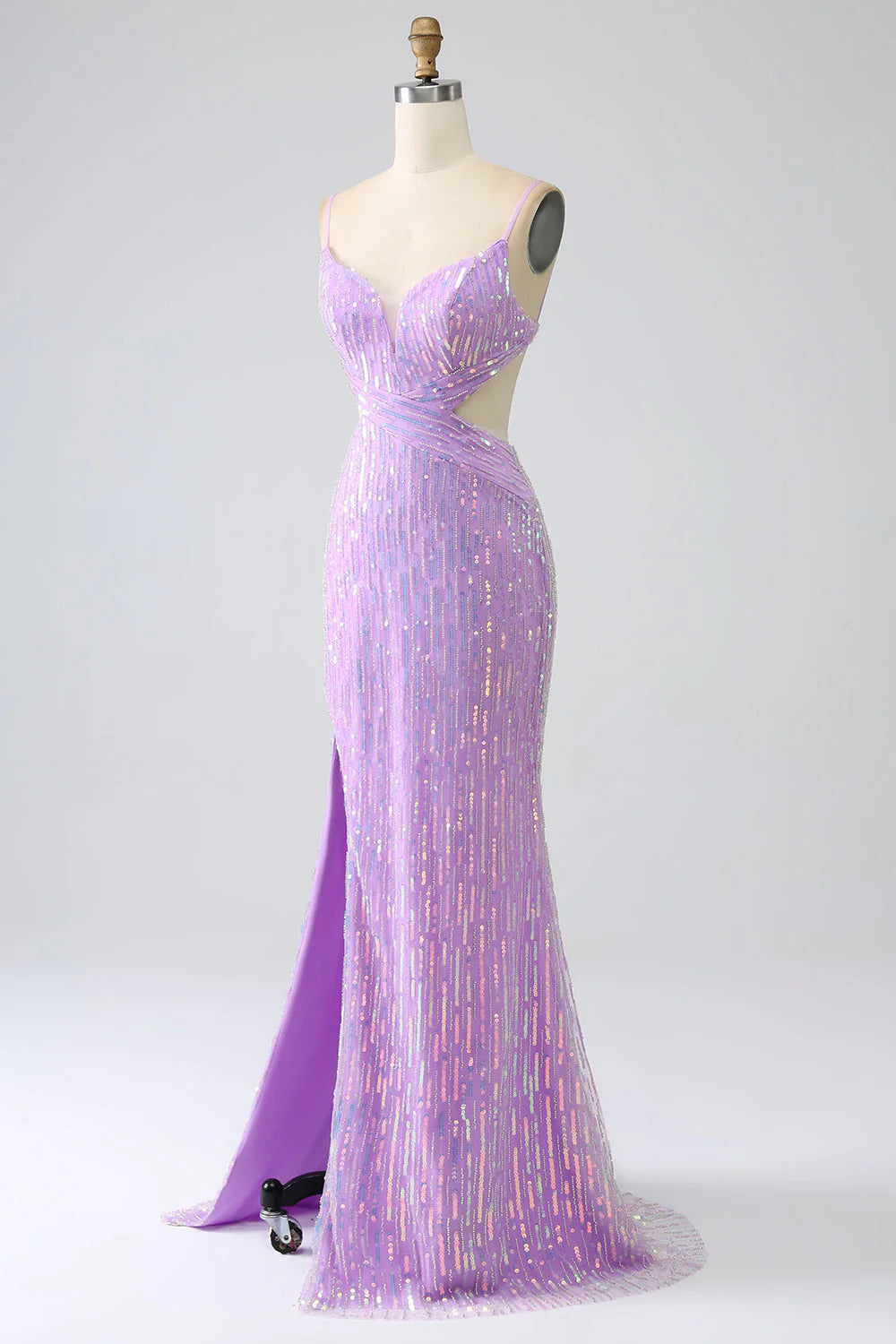 Amzcw Sparkly Purple Mermaid Spaghetti Straps Sequins Prom Dress with Slit