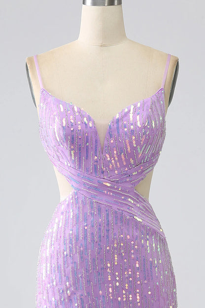 Amzcw Sparkly Purple Mermaid Spaghetti Straps Sequins Prom Dress with Slit