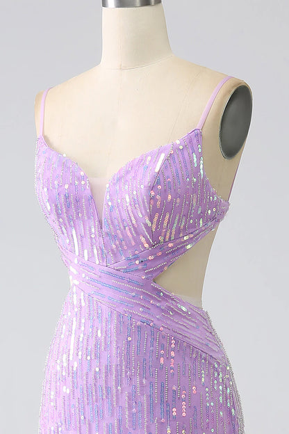 Amzcw Sparkly Purple Mermaid Spaghetti Straps Sequins Prom Dress with Slit