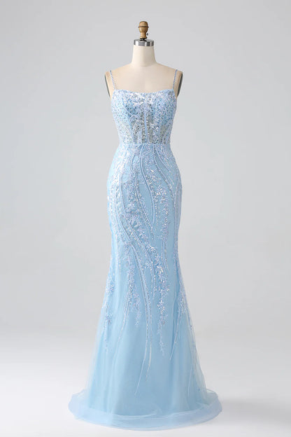 Amzcw Sparkly Sky Blue Mermaid Spaghetti Straps Corset Long Prom Dress With Sequins