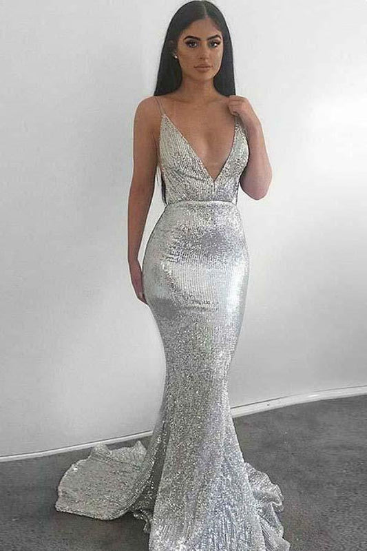 V-neck Sequins Silver Spaghetti Straps Short Train Mermaid Prom Dresses