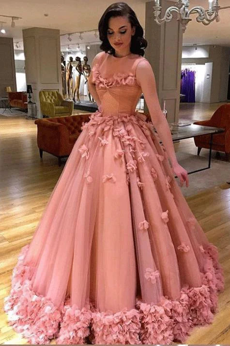 Ball Gown High Neck Pink Appliques Tulle Quinceanera Dresses Long Dance Dresses