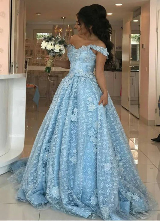 Ball Gown Light Blue Lace Appliques Prom Dresses Off the Shoulder Quinceanera Dresses