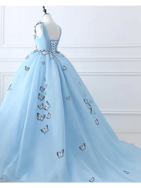 Ball Gown Long Sky Blue Butterfly V Neck Appliques Lace up Prom Quinceanera Dresses