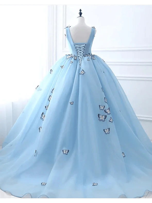 Ball Gown Long Sky Blue Butterfly V Neck Appliques Lace up Prom Quinceanera Dresses