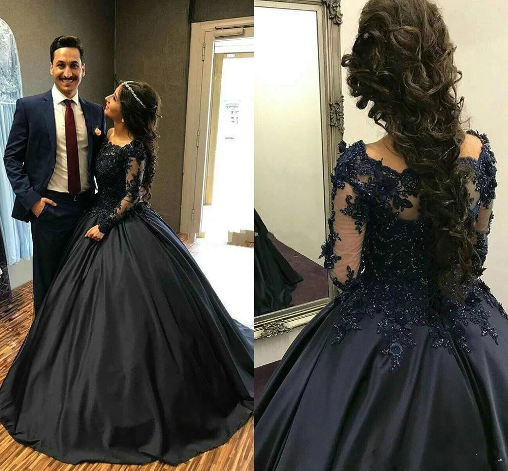 Ball Gown Long Sleeves Navy Blue With Lace Prom Dress Quinceanera Dresses