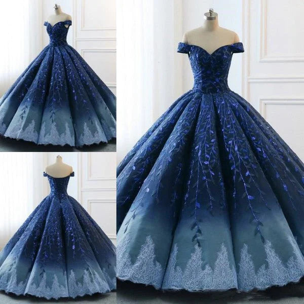 Ball Gown Navy Blue Lace Applique Ombre Off the Shoulder Princess Quinceanera Dresse