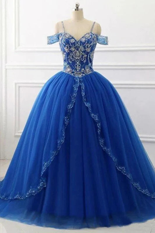 Ball Gown Off the Shoulder Royal Blue Quinceanera Dresses Beaded V Neck Prom Dresses