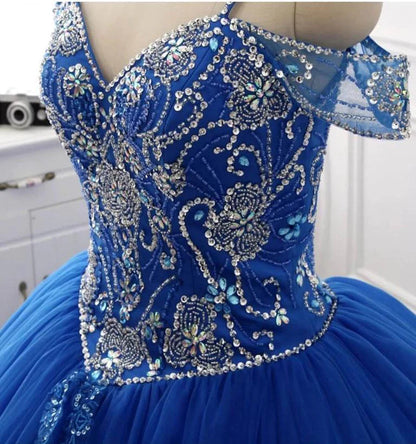 Ball Gown Off the Shoulder Royal Blue Quinceanera Dresses Beaded V Neck Prom Dresses