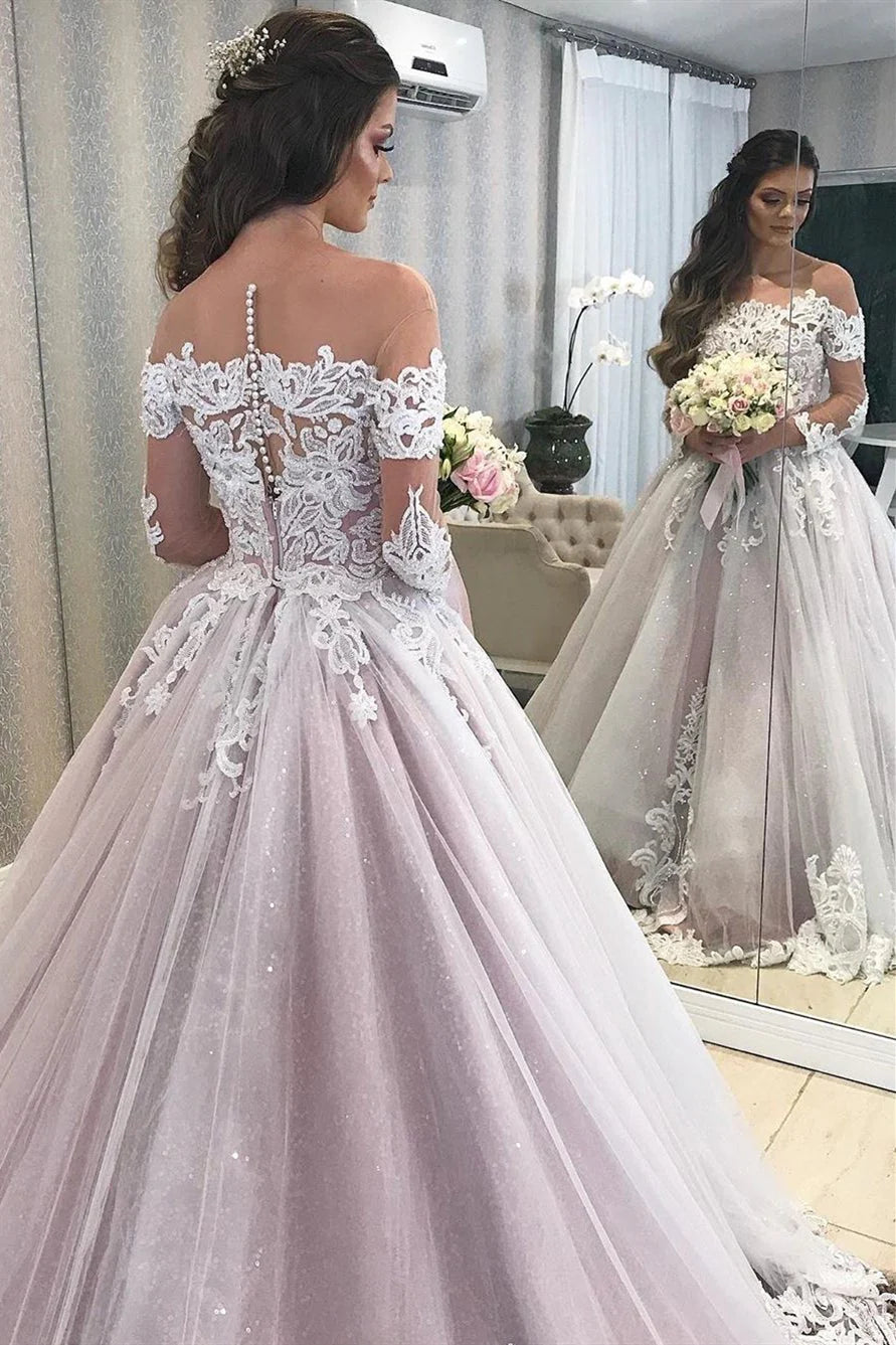 Off the Shoulder Tulle Bateau Long Wedding Dresses with Sleeves Bride Dress