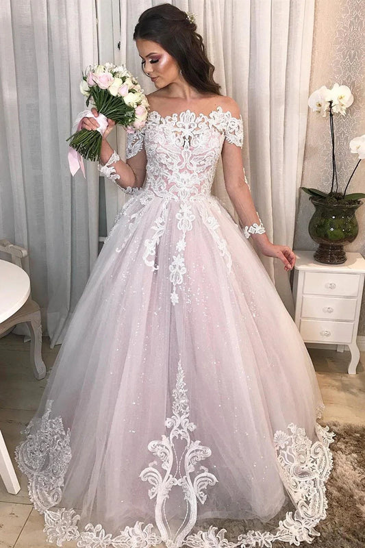 Off the Shoulder Tulle Bateau Long Wedding Dresses with Sleeves Bride Dress