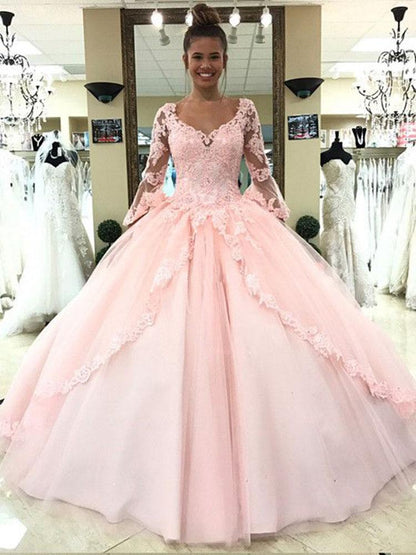 Ball Gown Pink V Neck Long Sleeve Appliques Prom Dresses with Lace up Quinceanera Dresses