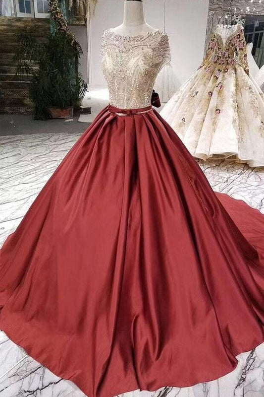 Ball Gown Scoop Burgundy Short Sleeves Beads Lace up Quinceanera Dresses