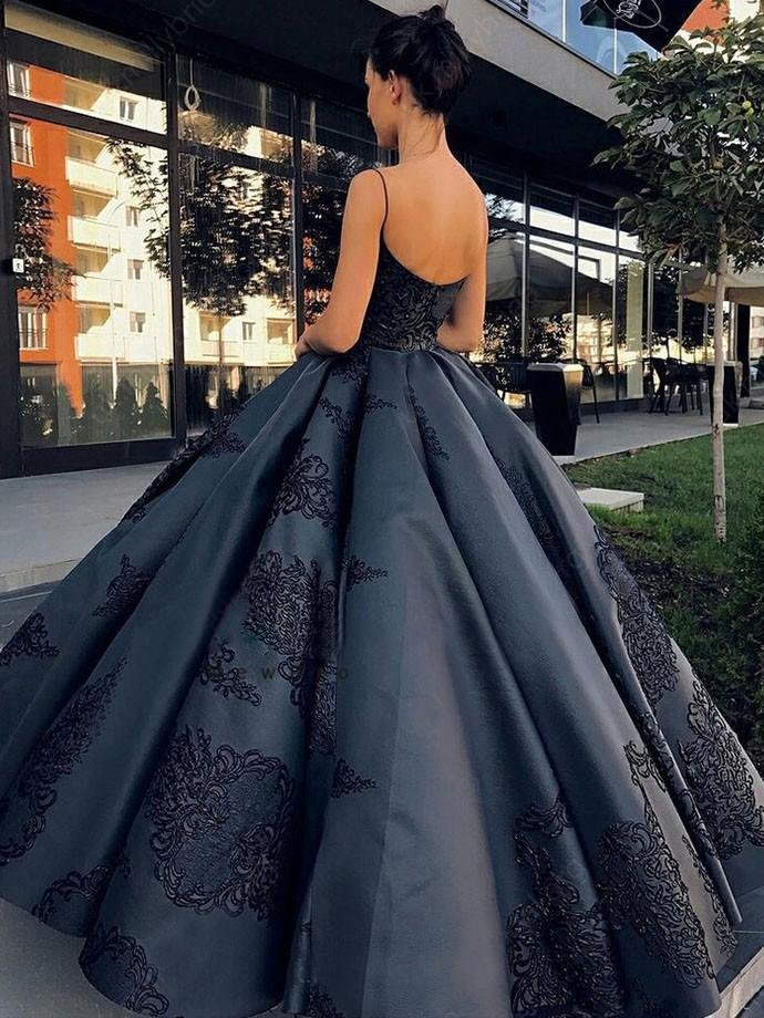 Ball Gown Spaghetti Straps Navy Blue Vintage Cheap Long Prom Quinceanera Dresses