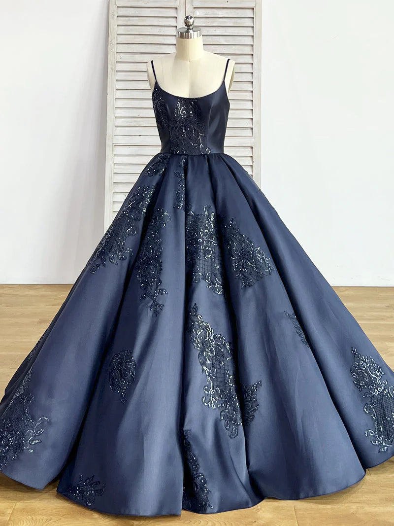 Ball Gown Spaghetti Straps Navy Blue Vintage Cheap Long Prom Quinceanera Dresses