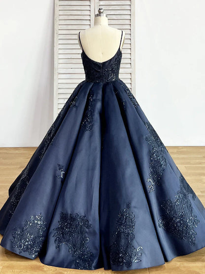 Ball Gown Spaghetti Straps Navy Blue Vintage Cheap Long Prom Quinceanera Dresses