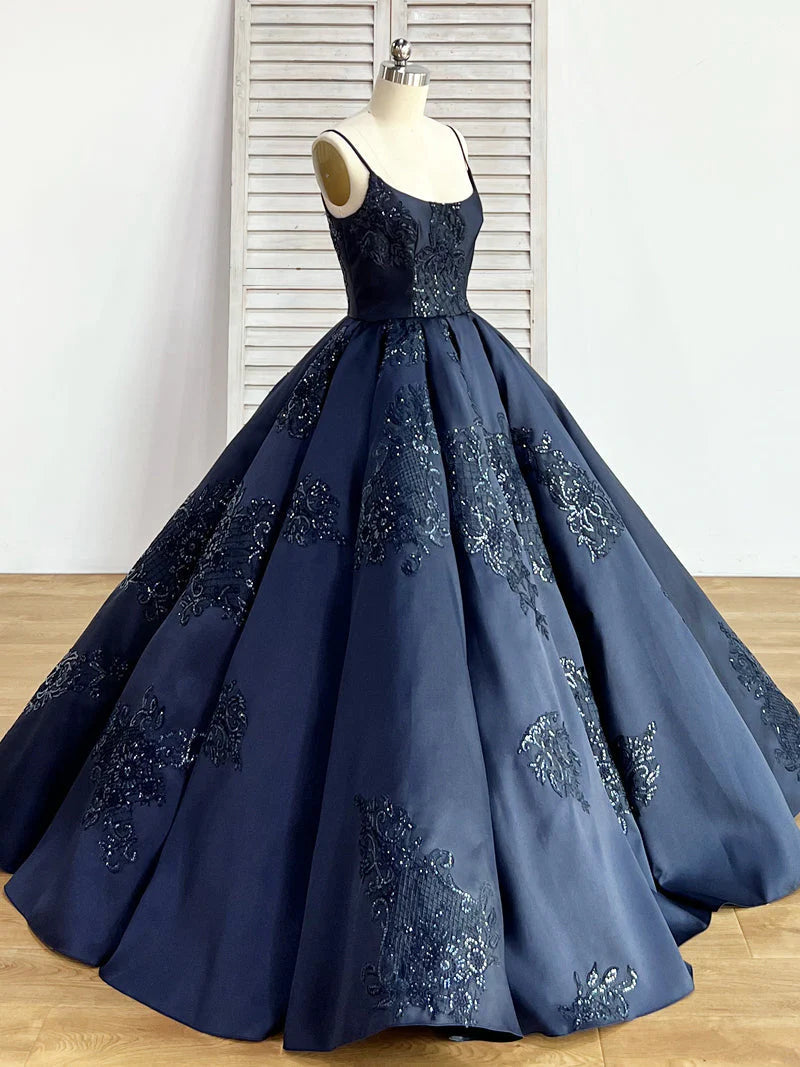 Ball Gown Spaghetti Straps Navy Blue Vintage Cheap Long Prom Quinceanera Dresses