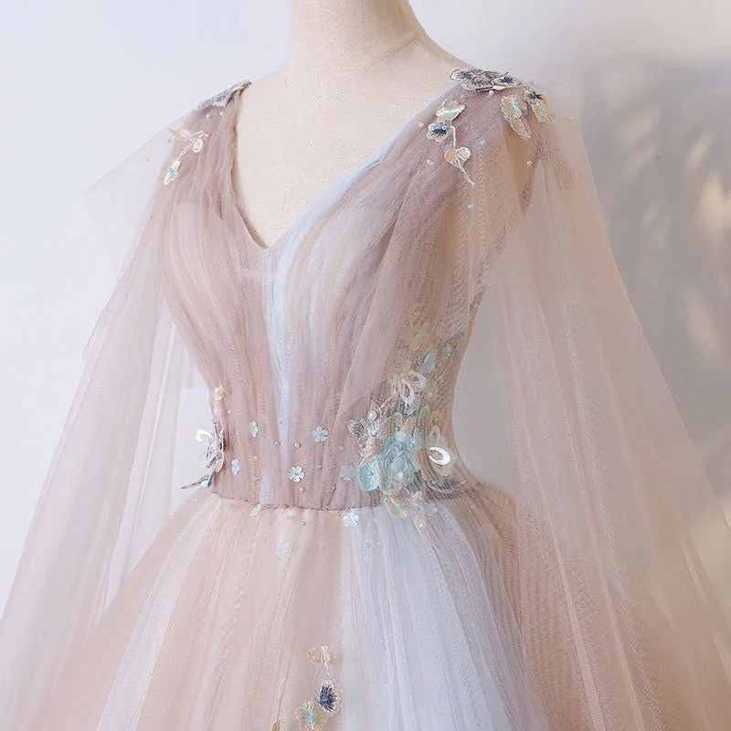 Ball Gown V Neck Tulle Prom Dress With Appliques, Unique Floor Length Quinceanera Dresses