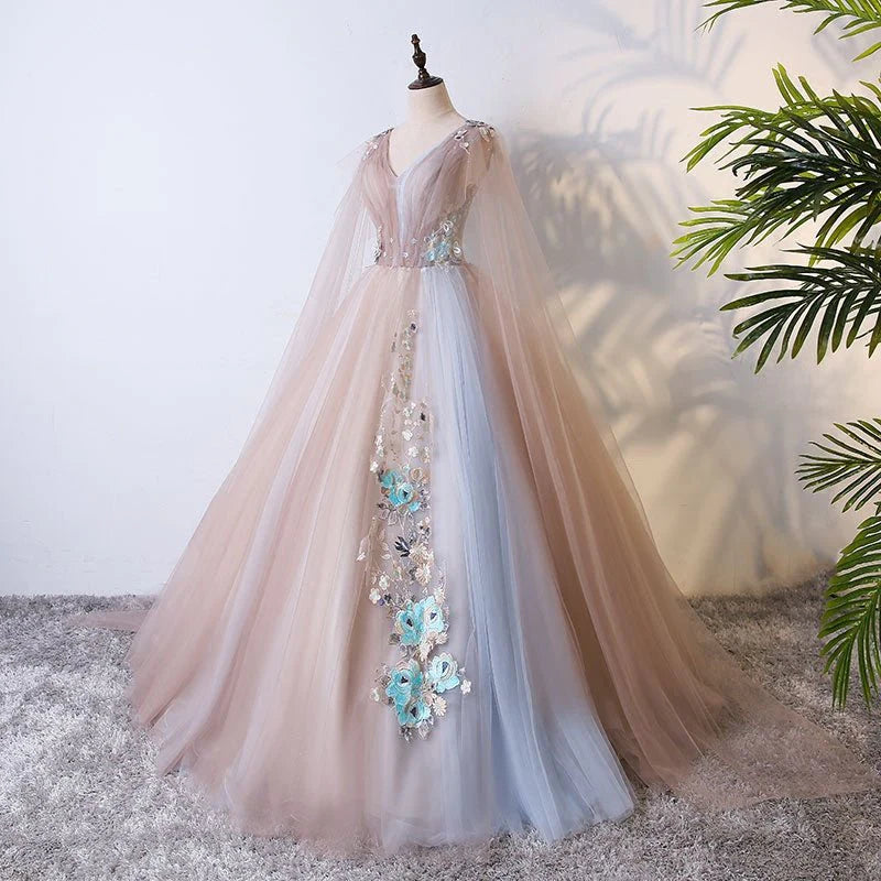 Ball Gown V Neck Tulle Prom Dress With Appliques, Unique Floor Length Quinceanera Dresses