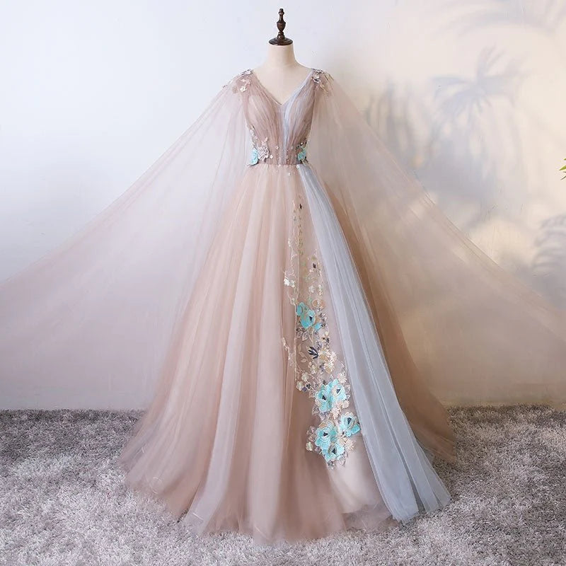 Ball Gown V Neck Tulle Prom Dress With Appliques, Unique Floor Length Quinceanera Dresses