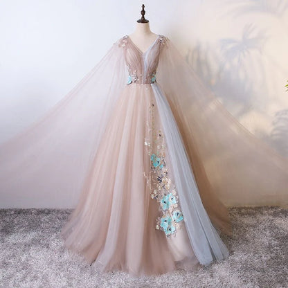 Ball Gown V Neck Tulle Prom Dress With Appliques, Unique Floor Length Quinceanera Dresses