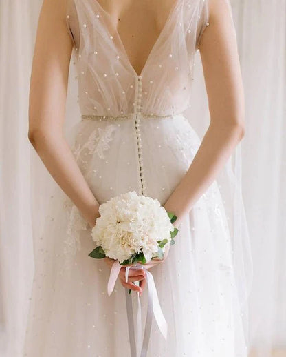 V Neck Wedding Dresses A Line Tulle With Pearls Court Train