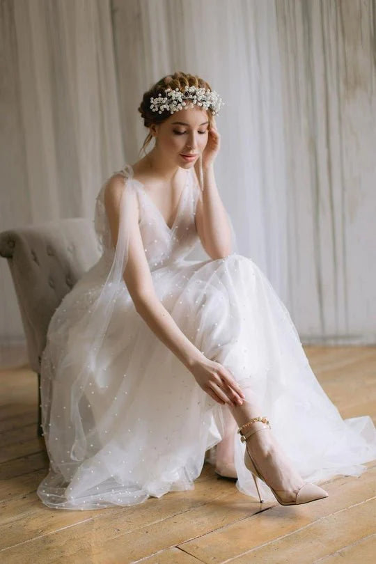 V Neck Wedding Dresses A Line Tulle With Pearls Court Train