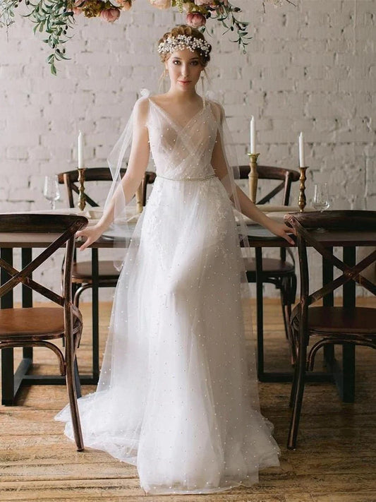 V Neck Wedding Dresses A Line Tulle With Pearls Court Train