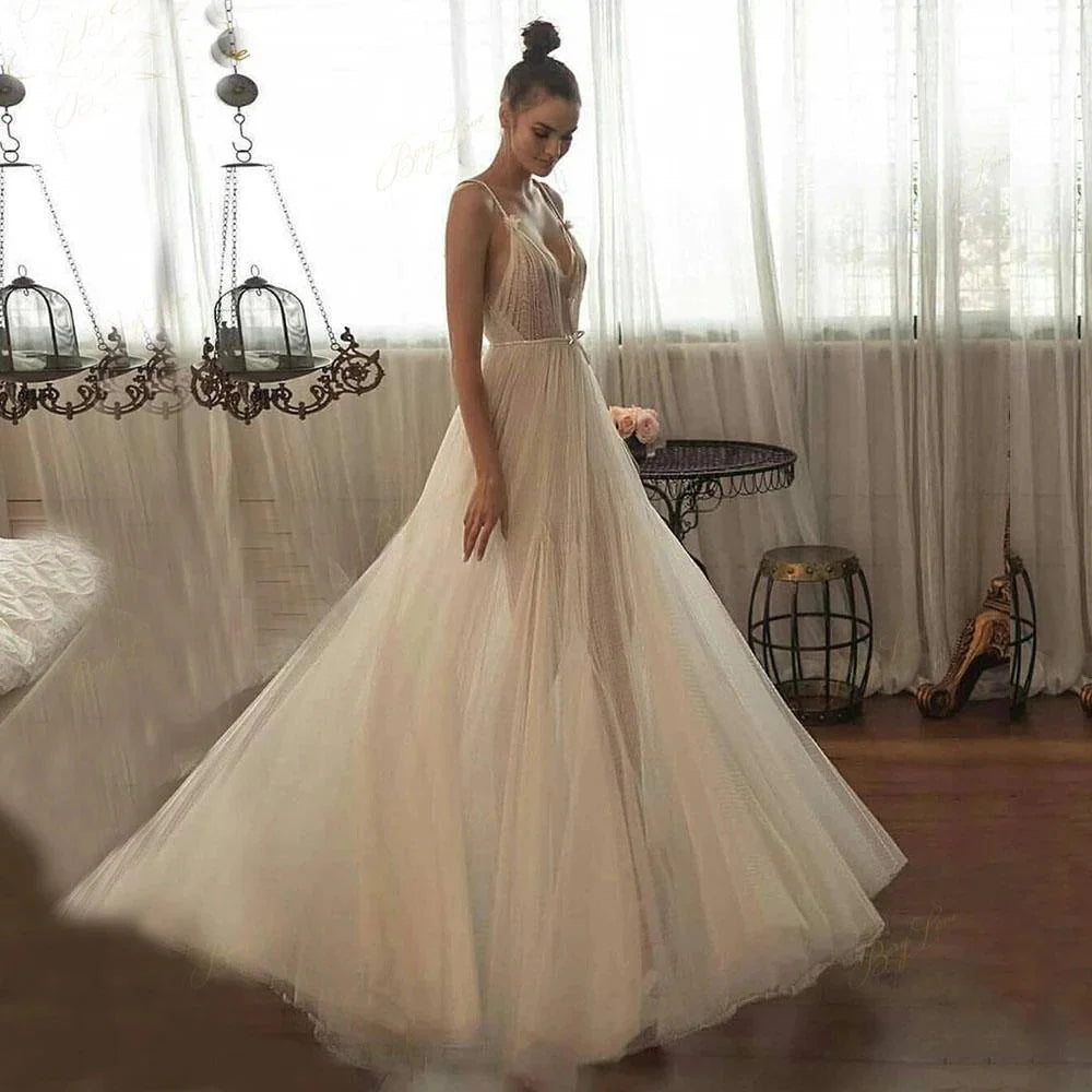 Beaded Tulle Skirt Spaghetti Straps Long Wedding Gown Beach A line Illusion Women Bride Dress