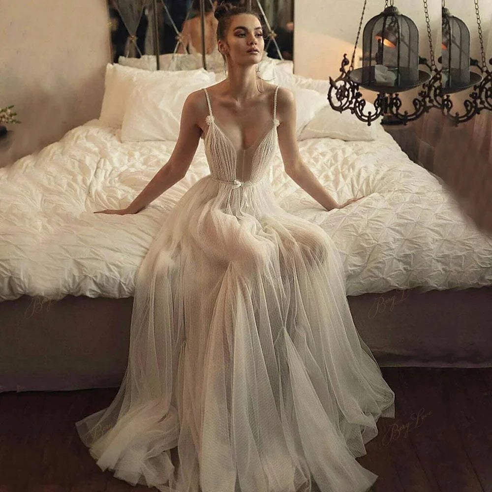 Beaded Tulle Skirt Spaghetti Straps Long Wedding Gown Beach A line Illusion Women Bride Dress