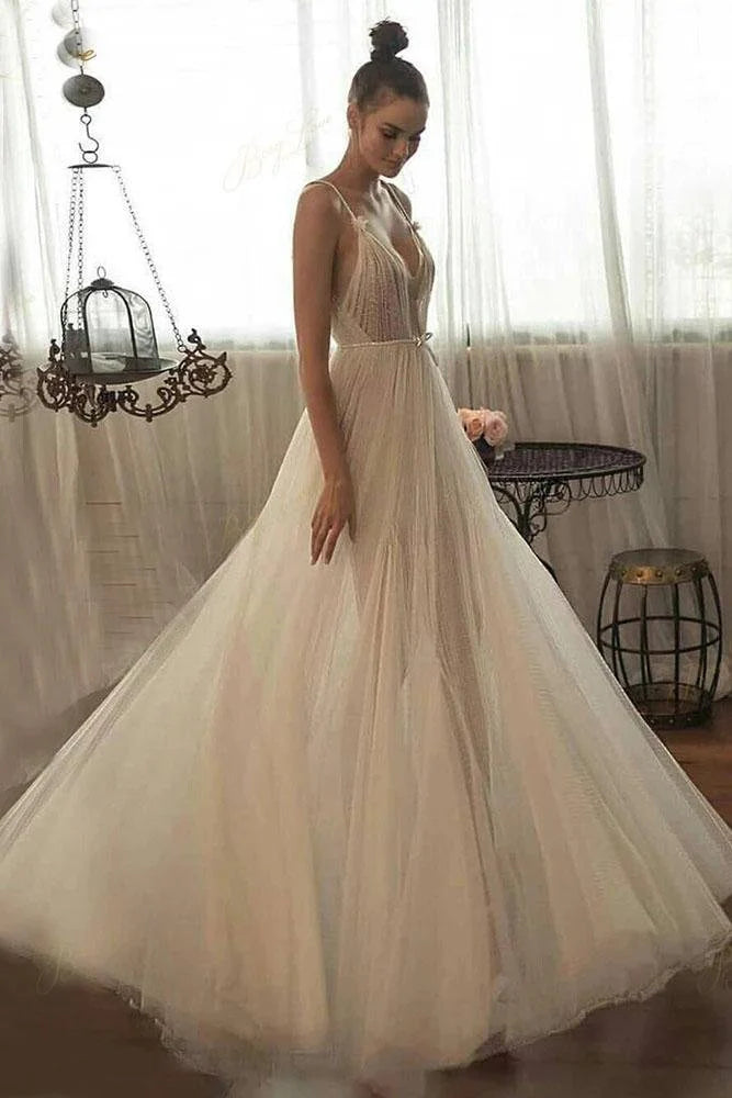 Beaded Tulle Skirt Spaghetti Straps Long Wedding Gown Beach A line Illusion Women Bride Dress