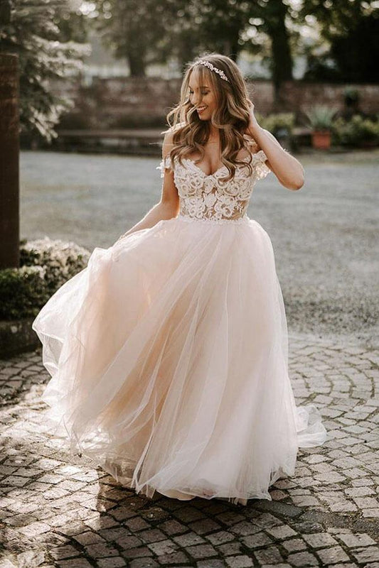 A-line Off the Shoulder Wedding Dresses With Lace Appliques