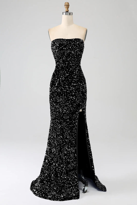 Amzcw Black Mermaid Strapless Sequins Long Prom Dress With Slit prom dresses shops