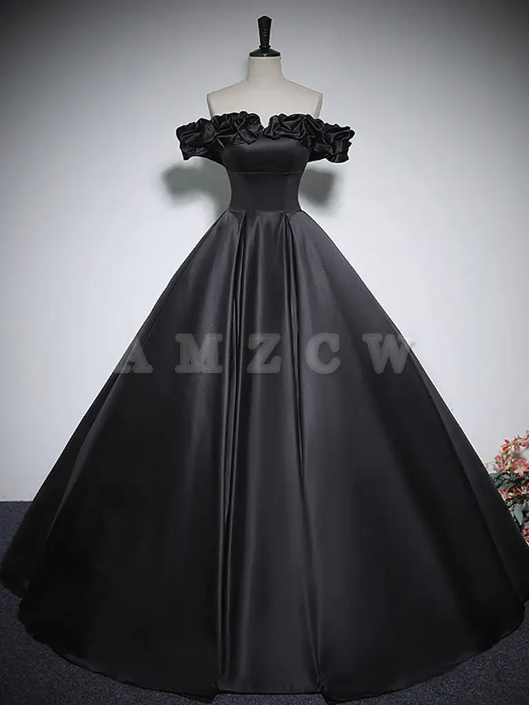 Amzcw Black A-Line Off Shoulder Satin Long Prom Dress Black Formal Dress prom dress in store