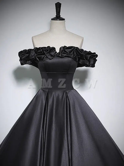 Amzcw Black A-Line Off Shoulder Satin Long Prom Dress Black Formal Dress prom dress in store