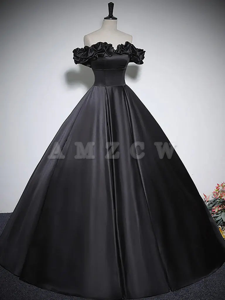 Amzcw Black A-Line Off Shoulder Satin Long Prom Dress Black Formal Dress prom dress in store