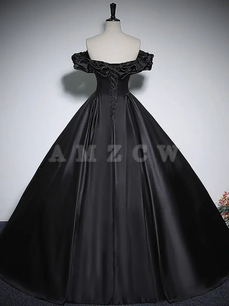 Amzcw Black A-Line Off Shoulder Satin Long Prom Dress Black Formal Dress prom dress in store