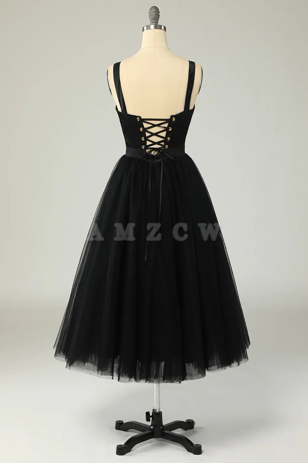 Amzcw Black A Line Tulle Cocktail Dress with Lace Up Back stores with prom dresses gowns evening dresses