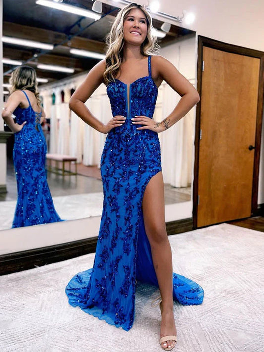 Blue Appliques Mermaid Straps Lace Up Long Prom Dress With Split