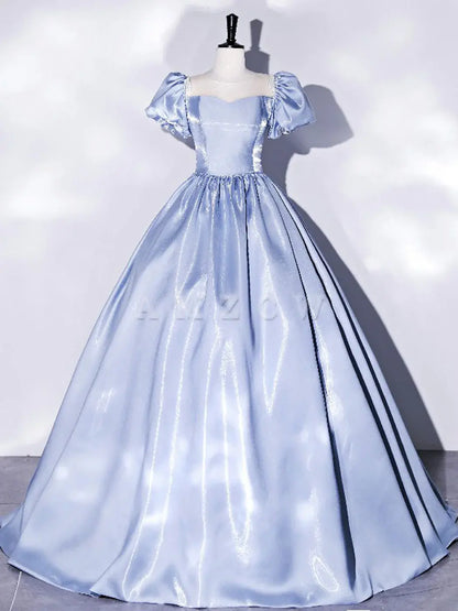 Amzcw Blue Satin Long Prom Dress Blue Satin Formal Evening Dress prom dress in store