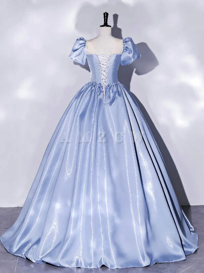Amzcw Blue Satin Long Prom Dress Blue Satin Formal Evening Dress prom dress in store