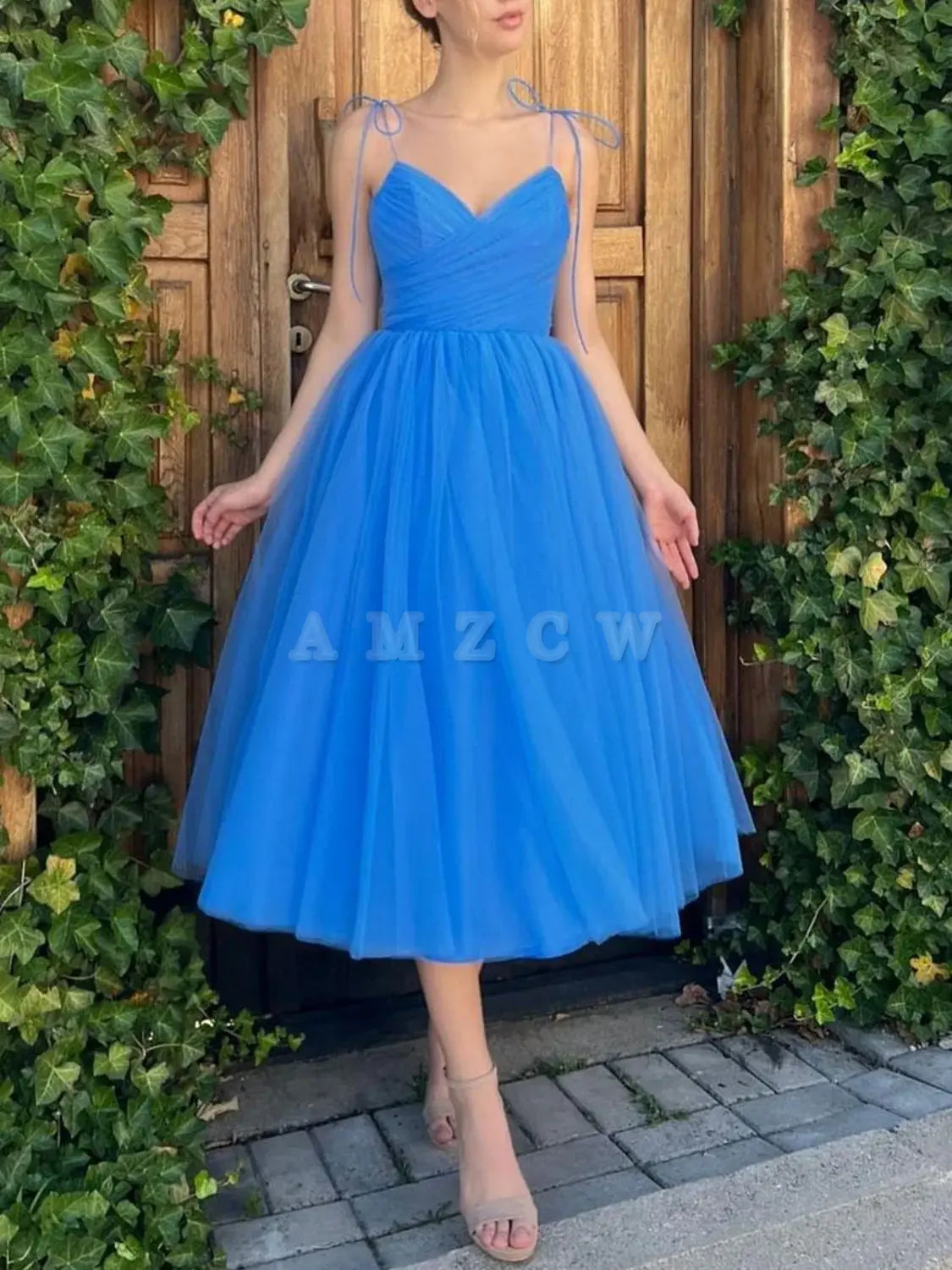 Amzcw Blue v neck tulle short prom dress blue homecoming dress prom dress in store ﻿