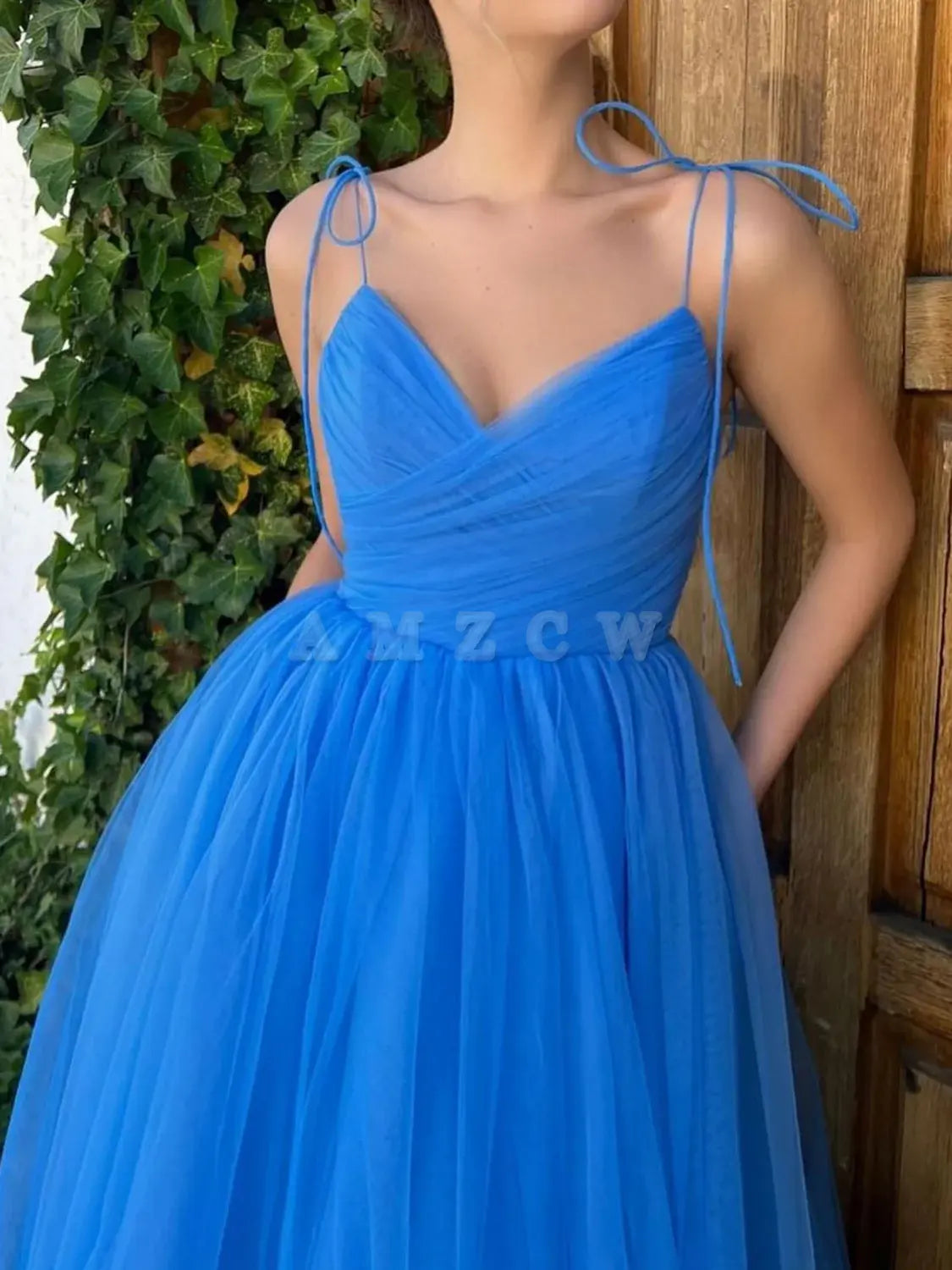 Amzcw Blue v neck tulle short prom dress blue homecoming dress prom dress in store ﻿