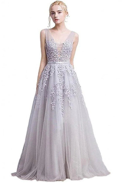 A-Line V-Neck Sleeveless Zipper Appliques Prom Dresses