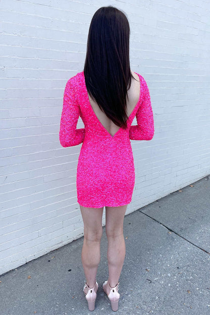 V-Neck Sequin Tight Homecoming Dress with Long Sleeves