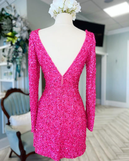 V-Neck Sequin Tight Homecoming Dress with Long Sleeves