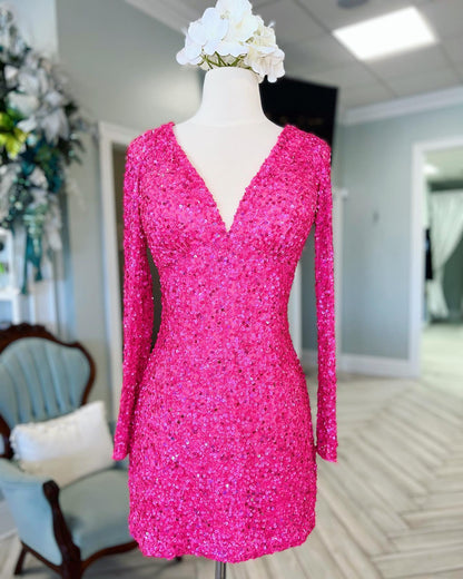 V-Neck Sequin Tight Homecoming Dress with Long Sleeves