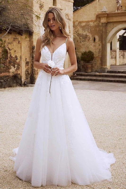 Wedding Dresses Beach With Lace Appliques Spaghetti Strap Wedding Gowns